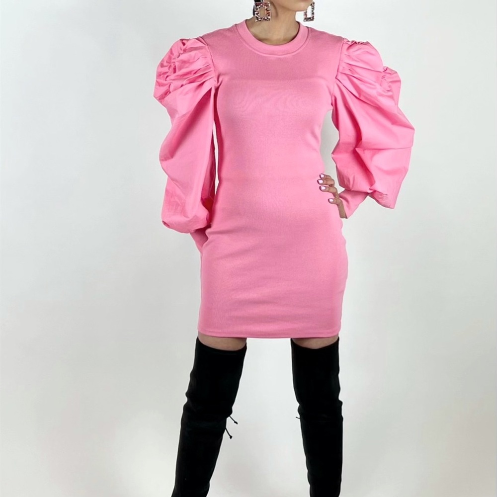 S-2X Puff Long Sleeve Mini Dress